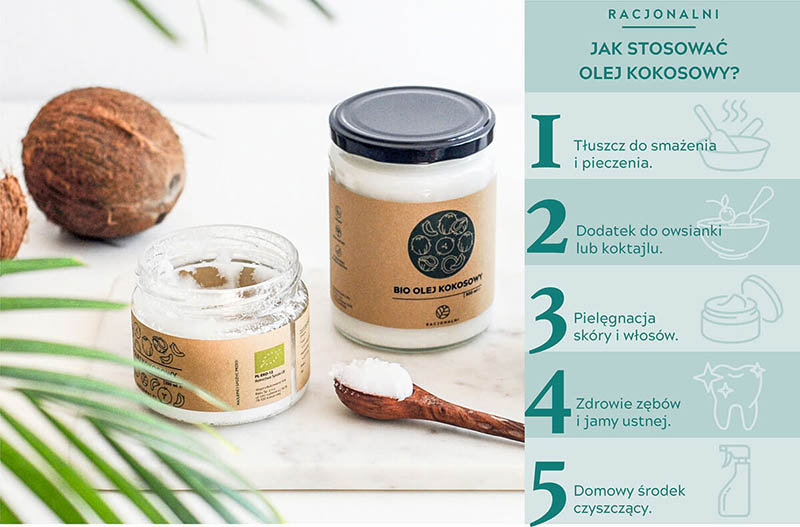 infografika przedstawiająca jak stosować olej kokosowy oraz zdjęcie dwóch słoików oleju kokosowego wraz z drewnianą łyżką z olejem