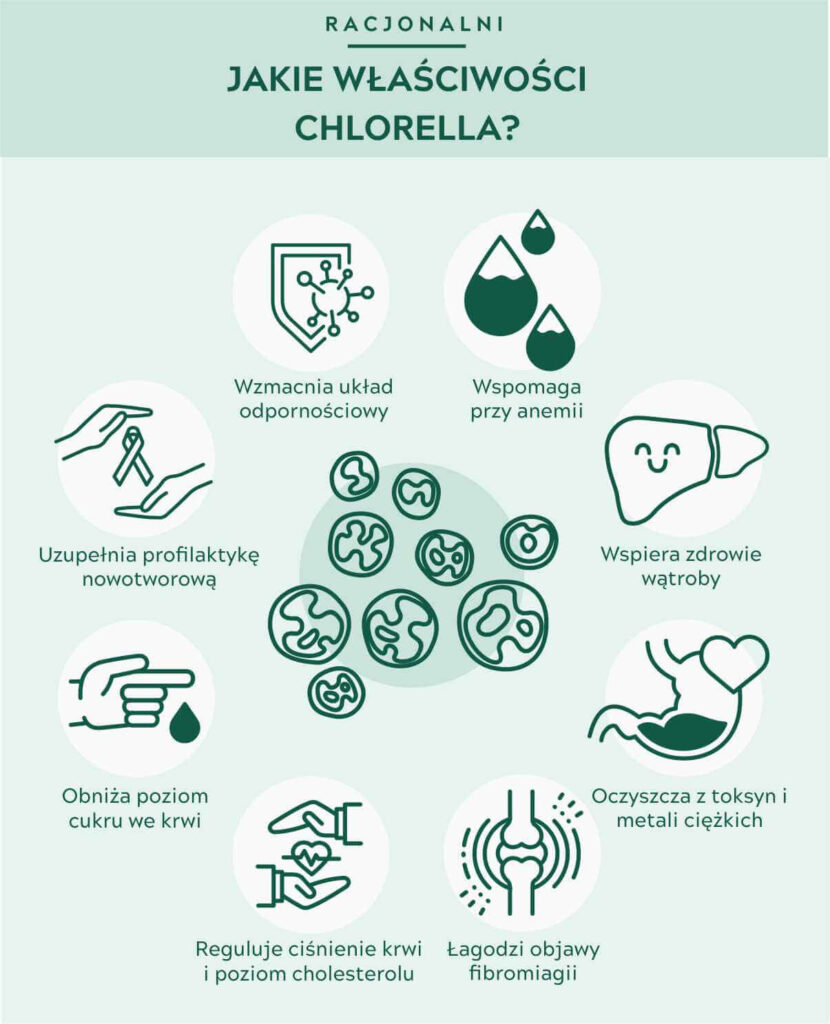 infografika przedstawiająca jakie właściwości zdrowotne i działanie zdrowotne ma chlorella