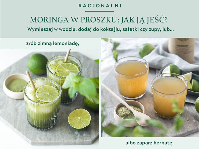 infografika pokazująca jak można jeść liście moringa w proszku, ze zdjęciami przedstawiającymi lemoniadę z moringi i herbatę z moringi