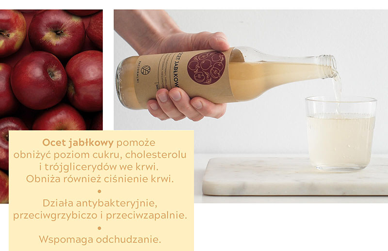 kolaż zdjęć; na jednym ze zdjęć mężczyzna nalewa ocet jabłkowy do szklanki z wodą, na drugim znajdują się czerwone jabłka, na trzecim tekst opisujący właściwości lecznicze octu jabłkowego