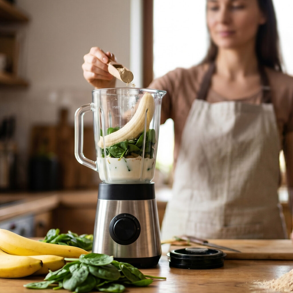 kobieta przygotowuje shake z ashwagandhą